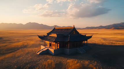 A majestic Ming dynasty noble house standing alone on a vast open plain.