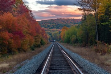 Fototapeta premium Autumnal Railroad Track Winding Through Colorful Forest