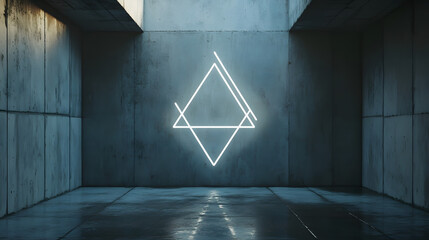 A hand-drawn symbol projected onto a concrete wall in a minimal room.