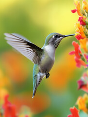 Naklejka premium Hummingbird Sipping Nectar with Vivid Floral Details Close-Up