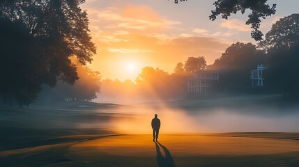 Solitary figure silhouetted against a misty sunrise over a golf course.