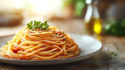 Delicious spaghetti with tomato sauce, parsley and parmesan cheese on a wooden table
