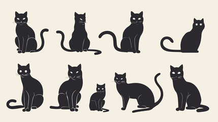 Black Cat Silhouette Set Flat Vector Illustration