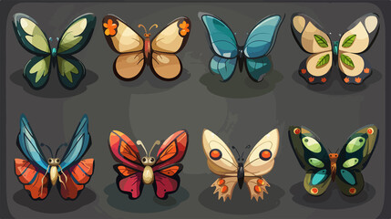 Colorful Cartoon Butterfly Icon Set Flat Vector Illustration