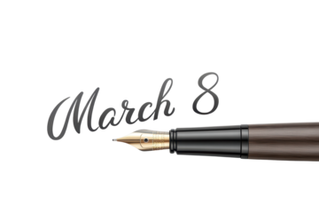 Elegant fountain pen writing March 8 date, cut out - stock png.