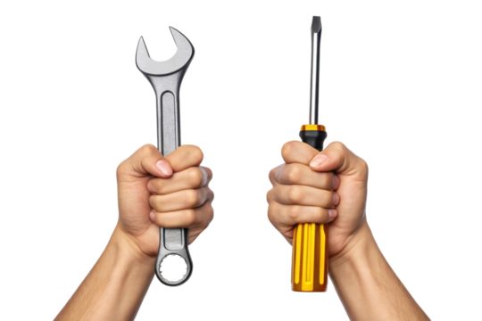 Tools are held tightly during a repair task, cut out - stock png.