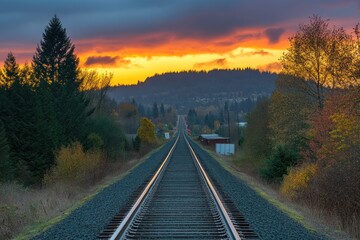 Railroad Tracks Leading To A Sunset Over Autumn Trees