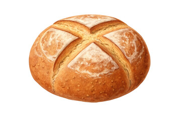 Freshly baked bread round with a cross pattern, cut out - stock png.