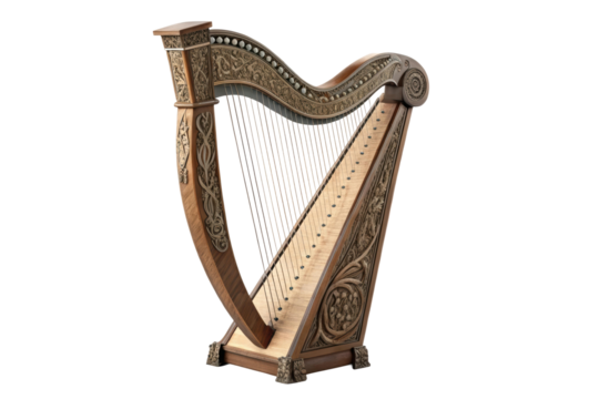 Intricate handcrafted harp design, cut out - stock png.