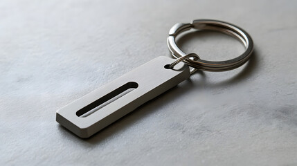 A minimalist keychain design featuring a flat metallic ring with cutout initials.