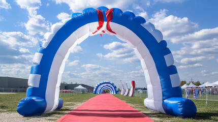 White and blue inflatable arch for sport running race  events, marathon or triathlon. Vector realistic set of blank balloon tubes different shapes for start and finish line with torn red ribbon