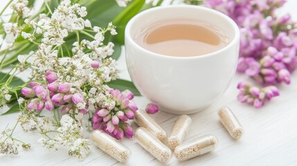 Serene Composition of Magnesium Glycinate Capsules, Fresh Flowers, and Herbal Teas for Relaxation and Wellness