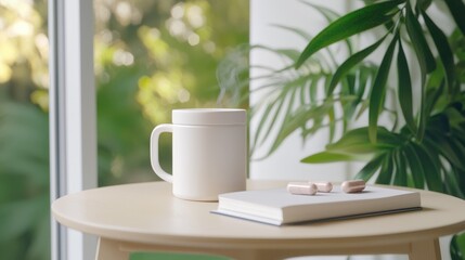 Serene Reading Nook with Magnesium Glycinate Supplements, Herbal Tea, and Book for Relaxation and Self-Care