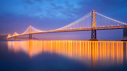Obraz premium A massive suspension bridge glowing with vibrant orange and white lights spanning across a calm bay.