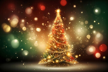 Colorful scene with a beautifully lit abstract Christmas tree glowing and starlight top against a dark background, spotlight with shimmering bokeh lights, creating a warm and festive atmosphere