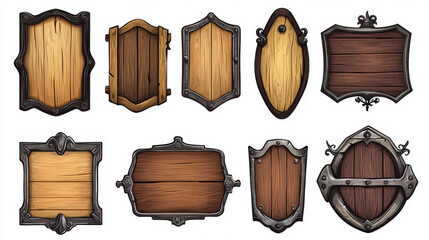 Wooden plates with metal frames for game ui design. Wood signs, panels and planks different shapes with medieval iron borders, vector cartoon set isolated on background