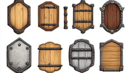 Naklejka premium Wooden plates with metal frames for game ui design. Wood signs, panels and planks different shapes with medieval iron borders, vector cartoon set isolated on background