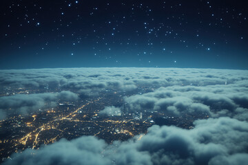 flying through the sky, soaring above the clouds, while below, through the clouds, you can see the beautiful nighttime cityscape below