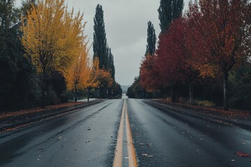 Autumnal Roadway Trees Line Wet Asphalt Street
