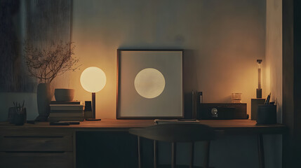 A minimalist desk setup with a framed hand-drawn symbol as the focal point.