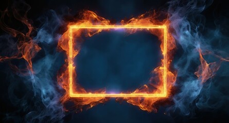 Fiery rectangular frame, blazing orange flames, cosmic background, blue nebula, energy trails, contrasting colors, dramatic lighting, 3D render, digital art, high resolution, cinematic, ethereal atmos