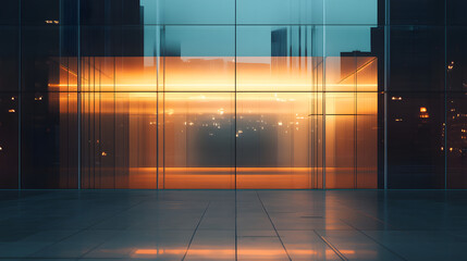A minimalist glass building reflecting glowing city lights in a quiet urban setting.