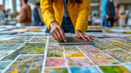 Naklejka premium Woman using laptop on large map spread.