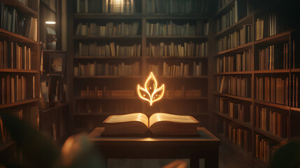 A minimalist library with a glowing hand-drawn symbol on a central bookstand.
