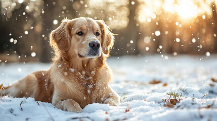 Playful dog frolicking in the winter snow, an adorable and energetic puppy enjoying outdoors, happy active pet in beautiful park, outside nature in snowy season.