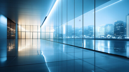 A minimalist glass building reflecting glowing city lights in a quiet urban setting.