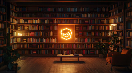 A minimalist library with a glowing hand-drawn symbol on a central bookstand.