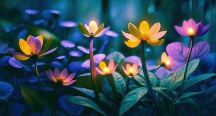 Fototapeta premium Fantasy glowing flowers, bioluminescent petals, magical forest, ethereal lighting, deep blue background, mystical garden, vibrant colors, dreamlike atmosphere, digital painting, intricate details, sur