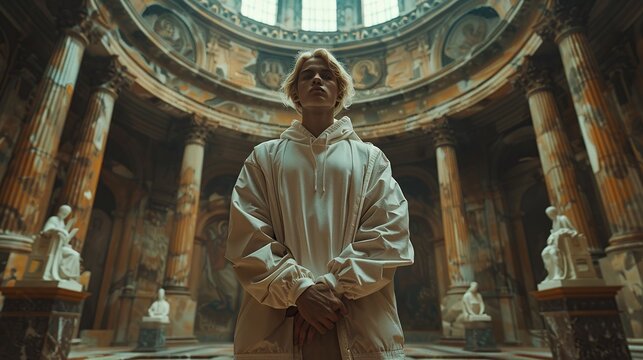 Full body portrait of a 21-year-old blond athletic man, dark background with elements of ancient architecture, minimalism, photorealistic rendering
