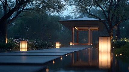A minimalist pavilion surrounded by glowing pathways and soft lanterns under the night sky.