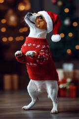 A cheerful dog in a Santa hat and sweater jumping for joy this season.