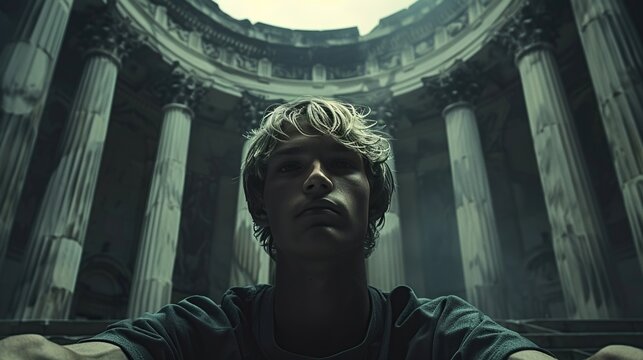 Full body portrait of a 21-year-old blond athletic man, dark background featuring ancient architecture, minimalist approach, photorealism 