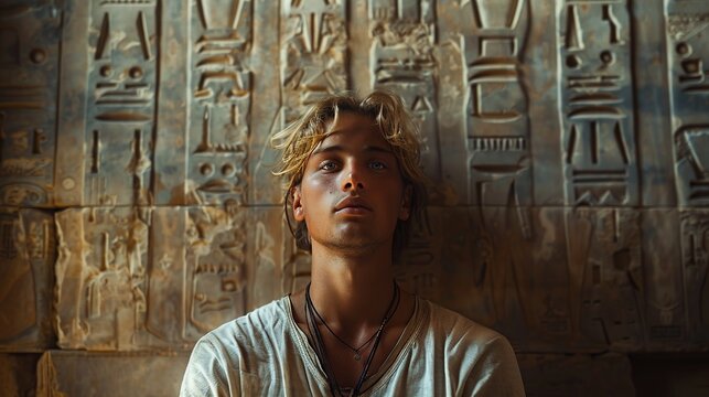 Full body portrait of a 21-year-old blond athletic man, dark background featuring ancient architecture, minimalist approach, photorealism 