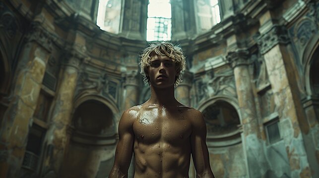 Full body portrait of a 21-year-old blond athletic man, dark background featuring ancient architecture, minimalist aesthetics, photorealistic rendering