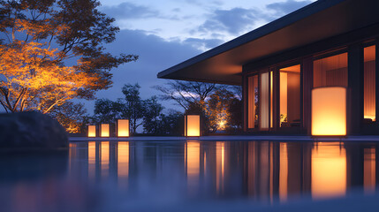 A minimalist pavilion surrounded by glowing pathways and soft lanterns under the night sky.