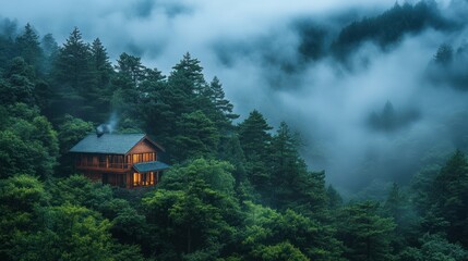 Wooden cabin nestled in a misty mountain forest at twilight.
