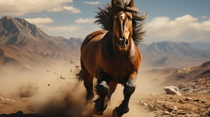 Obraz premium Majestic Brown Horse Galloping Across the Desert Landscape