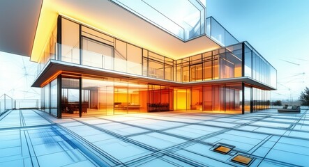 Fototapeta premium modern glass building exterior, sunset glow, reflective surfaces, minimalist architecture, open courtyard, geometric shapes, warm lighting, contemporary design, clean lines, large windows, empty space