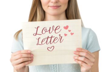Person holding a love letter with hearts, cut out - stock png.