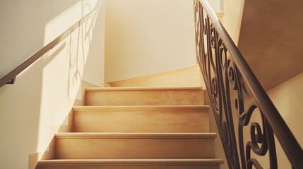 A minimalist staircase with a hand-drawn symbol delicately engraved on the railing.