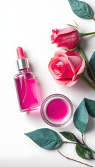 Flat lay cosmetic mockup with glass bottle and dropper cap containing pink liquid, fresh rose and petri dish filled essence on white background. Advertising photo, copy space, origami