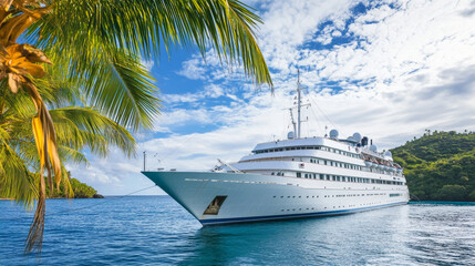 Cruise liner in ocean, modern white ship, luxury sailboat moored in sea harbor tropical island with palm trees and sandy beach. Passenger vessel on water surface at summer, Cartoon vector illustration