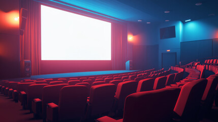 Obraz premium Movie theater, cinema hall with white screen and rows of red seats. Vector cartoon interior of dark cinema auditorium with light blank screen, chair backs, projectors and sound speakers