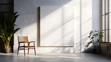 A minimalist studio with a hand-drawn symbol centered on a large white canvas.