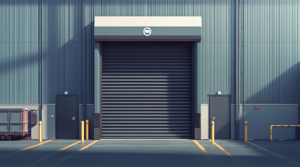Gate with metal rolling shutter in logistic center building. Vector realistic illustration of cargo doors in warehouse or distribution hub with roller up blinds. Commercial garage with automatic doors