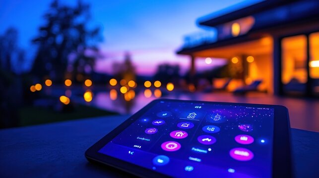 Smart home control app on tablet at night, illuminated house and pool in background.